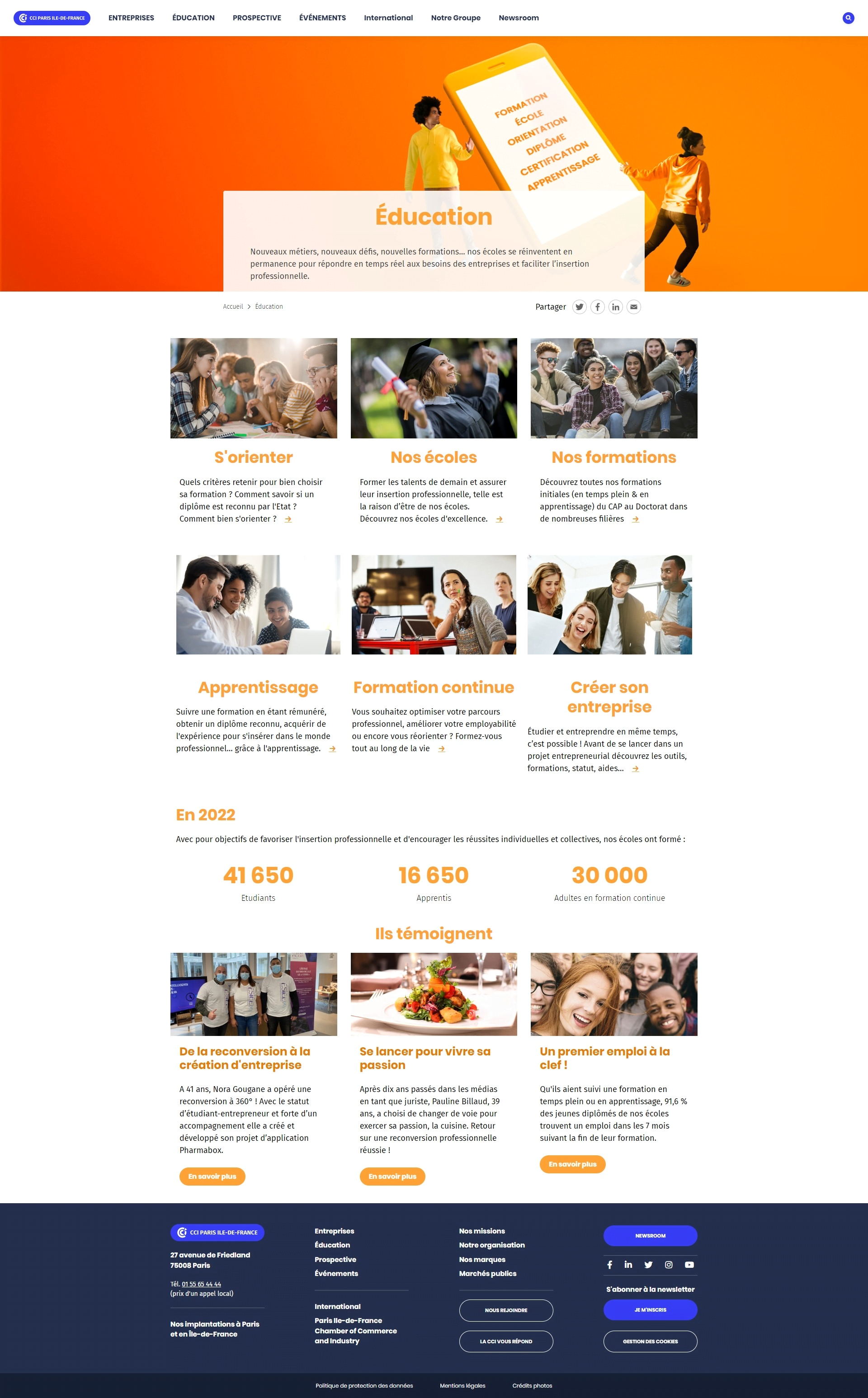 Page éducation du site CCI PARIS IDF